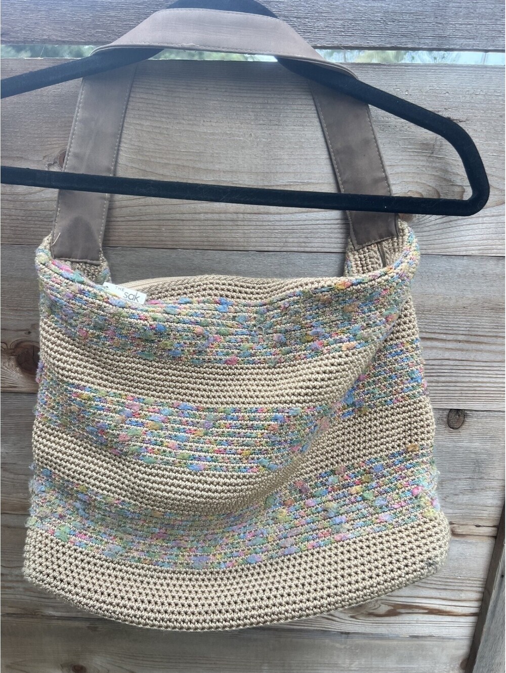 The Sak Crochet Hobo Bag Tan Multicolor Confetti Stripe Shoulder